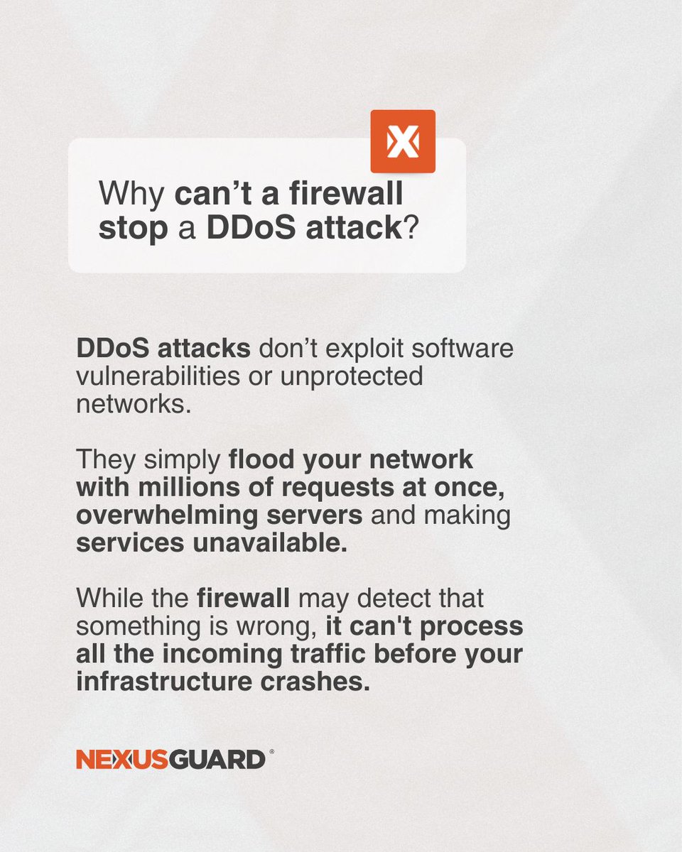 Nexusguard's tweet image. 🧱 A #firewall alone can’t stop modern #DDoS attacks. Their complexity demands #multilayered protection.  Nexusguard’s #OriginProtection detects and blocks threats in real time. Learn more: nexusguard.com/origin-protect…