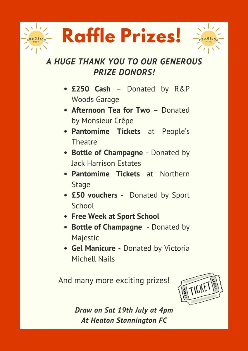 Our Family Fun Day at The Willow Park is just ten days away!

It’s completely free, everyone is welcome and there’s loads to do, including our Cragside Primary School PTFA raffle with big prizes up for grabs!