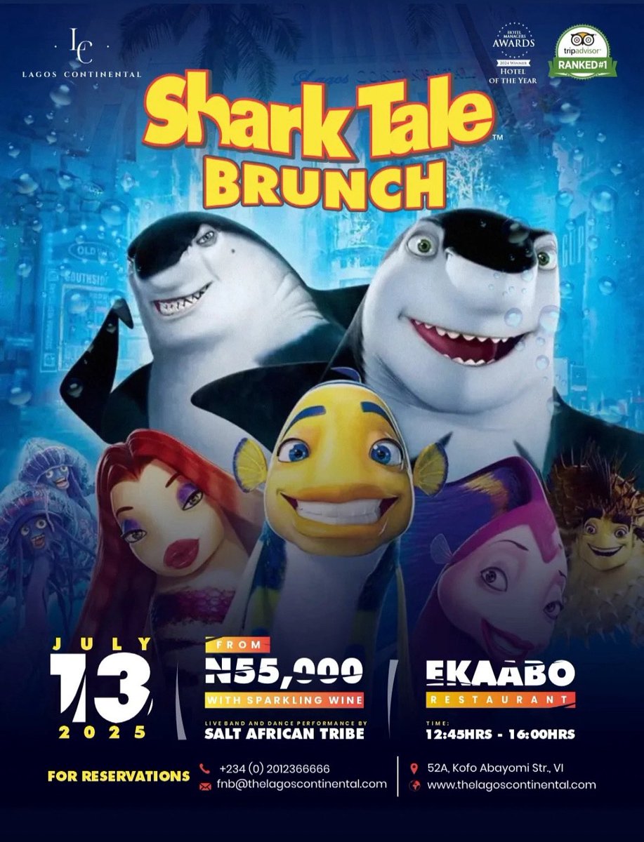 Lagos Continental (@thelchotel) on Twitter photo Where will you rather be on a Sunday afternoon?
Create beautiful memories with your family and loved ones at the Shark Tale Brunch
Join us at Ekaabo restaurant, Lagos Continental, for a one-of-a-kind dining experience.
š: +234 (0) 2012366666
š§: fnb@thelagoscontinental.com Where will you rather be on a Sunday afternoon?
Create beautiful memories with your family and loved ones at the Shark Tale Brunch
Join us at Ekaabo restaurant, Lagos Continental, for a one-of-a-kind dining experience.
š: +234 (0) 2012366666
š§: fnb@thelagoscontinental.com