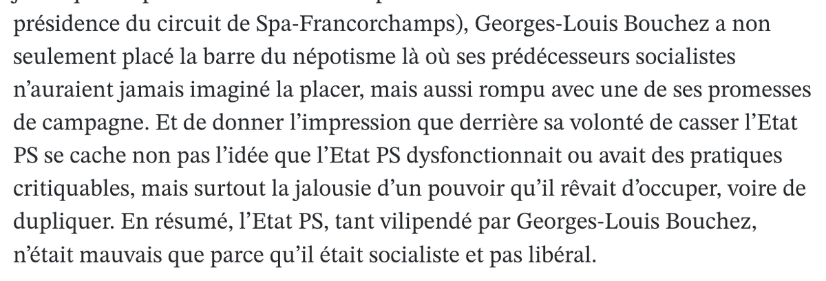 "Georges-Louis Bouchez a non seulement placé la barre du népotisme là où ses prédécesseurs socialistes n’auraient jamais imaginé la placer, mais aussi rompu avec une de ses promesses de campagne."

Merci pour cet edito parfait
lesoir.be/686702/article…
