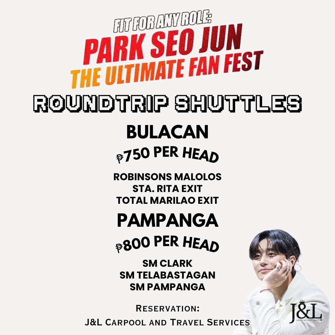Few slots left for #ParkSeoJunCenturyTunaPH2025 carpool ~ roundtrip concert service! 🚐

Park Seo Jun Fanmeet ‘Fit For Any Role’ in Manila

📅July 12, 2025 
📍Smart Araneta Coliseum

BOOK HERE: forms.gle/JPpaUneD4fTj8q…

#ParkSeoJun #CenturyOppa #PSJ Laguna Batangas Cavite Pampanga