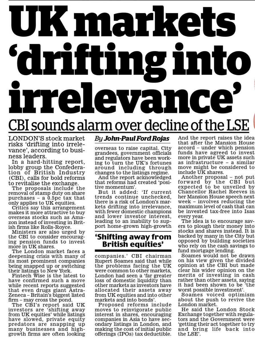 CBI report warns London stock market risks ‘drifting into irrelevance’ &amp; calls for reforms inc scrapping stamp duty on shares