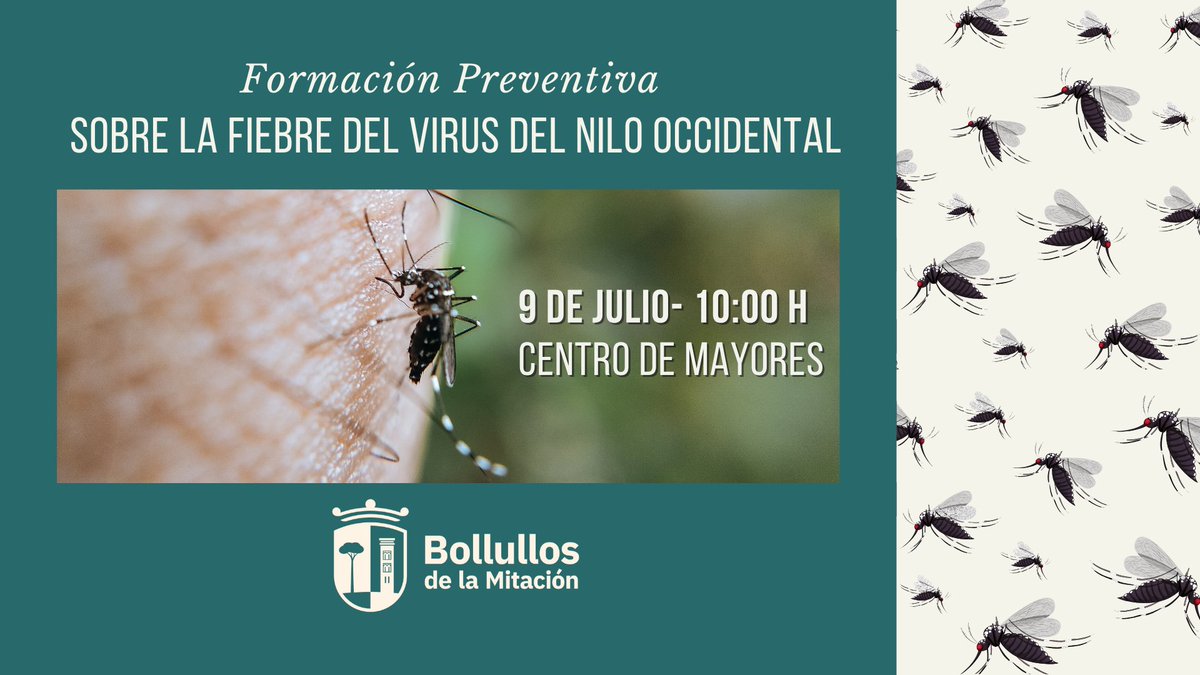 🦟 Formación preventiva sobre el Virus del Nilo Occidental🦟

👴👵 Actividad pensada especialmente para personas mayores, aunque abierta a toda la ciudadanía. t.ly/eOXWN

#BollullosContraElVirusDelNilo #BollullosPorSusMayores