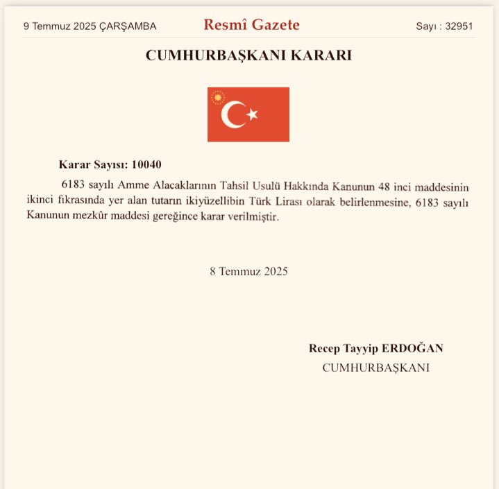 Bugünkü (09.07.2025) Resmi Gazetede yayımlanan Cumhurbaşkanı kararı ile Vergi ve Sigorta Primi borçlarında teminat gösterme limiti 50 bin liradan 250 bin liraya çıkartıldı❗️