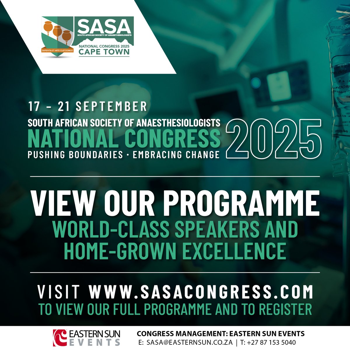 docanaesthetic's tweet image. Join us in Cape Town this September for the SASA 2025 Congress.
This year’s programme is packed with an extraordinary mix of leading international experts and respected local voices in Anaesthesia, Intensive Care, and Perioperative medicine.
Register here sasacongress.com