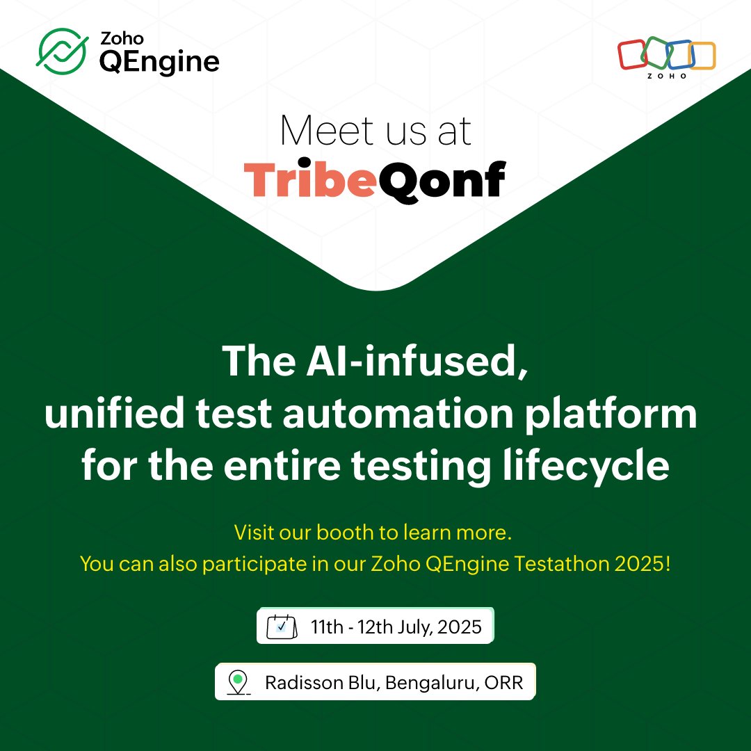 ZohoQEngine's tweet image. Zoho QEngine team is visiting The Test Tribe&apos;s TribeQonf at Bengaluru on July 11th - 12th. Drop by our booth to brainstorm, meet our product experts, and discuss all things QA. You can also participate in Zoho QEngine Testathon and win amazing prizes - prezohoweb.zoho.com/qengine/testat…
