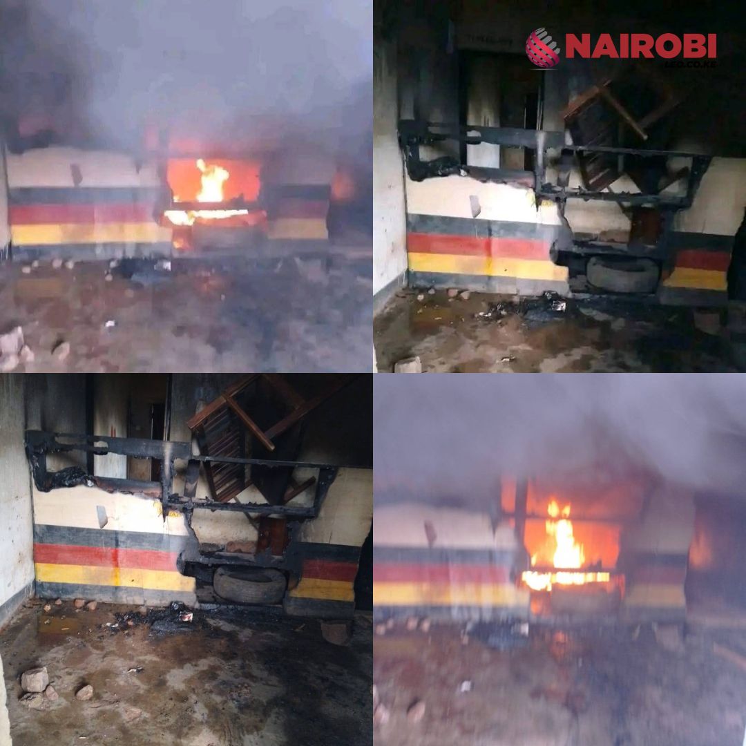 Itibo Police Station in Nyamira burned down following the fatal shooting of a student by police yesterday.