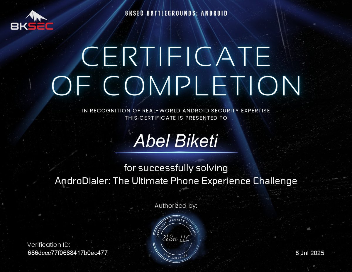 Successfully completed android exploitation challenges by <a href="/8kSec/">8kSec</a> . 🔥Really interesting practical  concepts on Android security.