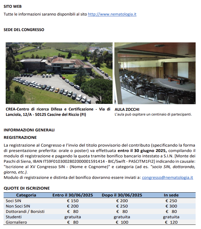 SIN - Società Italiana di Nematologia (@sin_nematologia) on Twitter photo 🎯📅Vi ricordiamo che sabato 12 luglio scade la deadline per l’iscrizione al XV Congresso SIN 🪱per l’invio dei contributi e della quota ridotta per i soci.
Speriamo di potervi incontrare presto a <a href="/CREARicerca/">CREARicerca</a> - Firenze 🎯📅Vi ricordiamo che sabato 12 luglio scade la deadline per l’iscrizione al XV Congresso SIN 🪱per l’invio dei contributi e della quota ridotta per i soci.
Speriamo di potervi incontrare presto a <a href="/CREARicerca/">CREARicerca</a> - Firenze