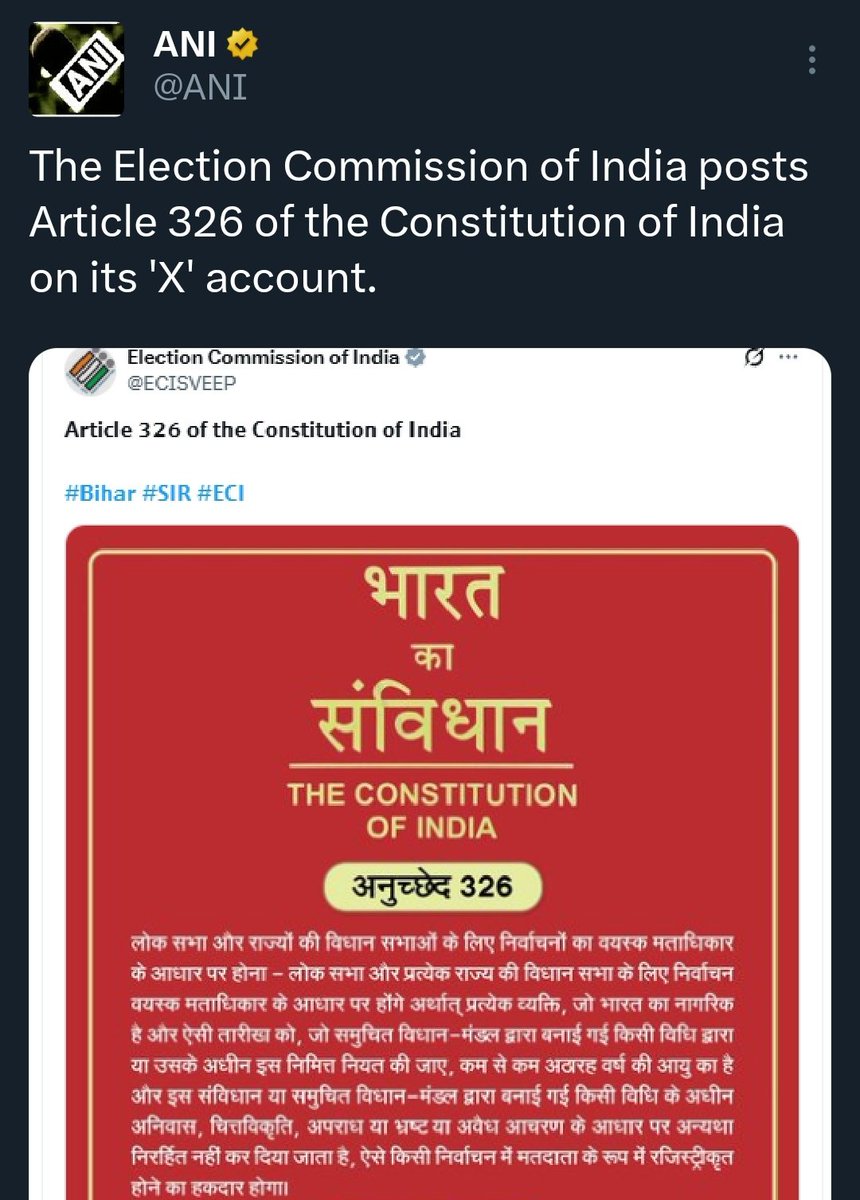 ANI posts "The Election Commission of India posts Article 326 of the Constitution of India on its 'X' account." on its 'X' account.