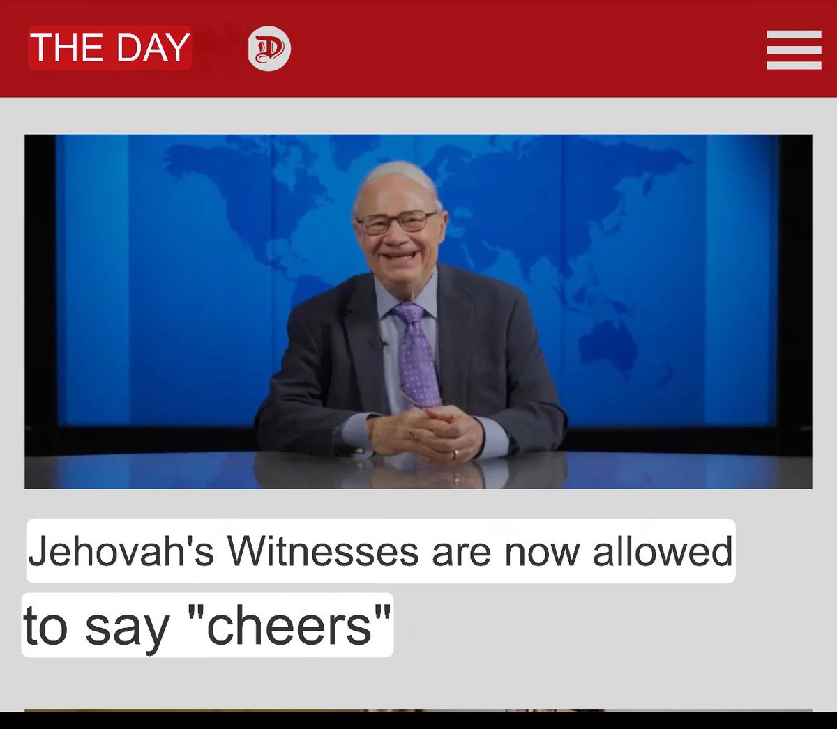 Norway: 

I don’t have access to the article yet but #JW made it to another Dagen article!

“Jehovah’s Witnesses are now allowed to say “cheers””