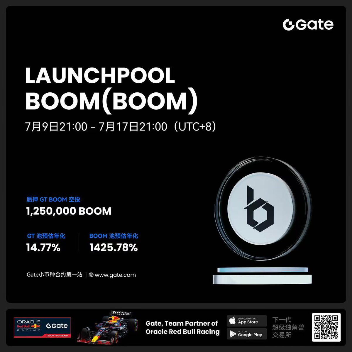 Gate 交易所的 Launchpool 上新项目 $Boom 的空投挖矿开始了！

从7月9日到17日（晚上9点截止，UTC+8），整整8天，你只需要在 Gate 上质押 ≥0.01 GT 或者 ≥1 BOOM，就能每小时自动领到免费的 $BOOM 代币奖励，总共125万枚 $BOOM 等你来分，发完即止。