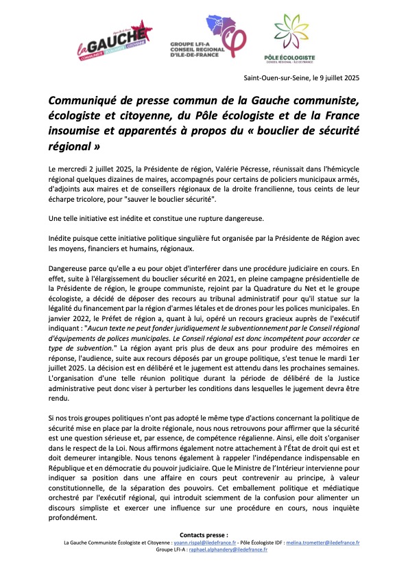 PoleEcolo_IDF's tweet image. La sécurité est une question sérieuse de compétence régalienne et doit respecter la loi
Nous interrogeons la légalité du bouclier sécurité de @vpecresse et nous opposons à sa tentative de pression sur la justice
Nous réaffirmons notre attachement à l'indépendance de la justice