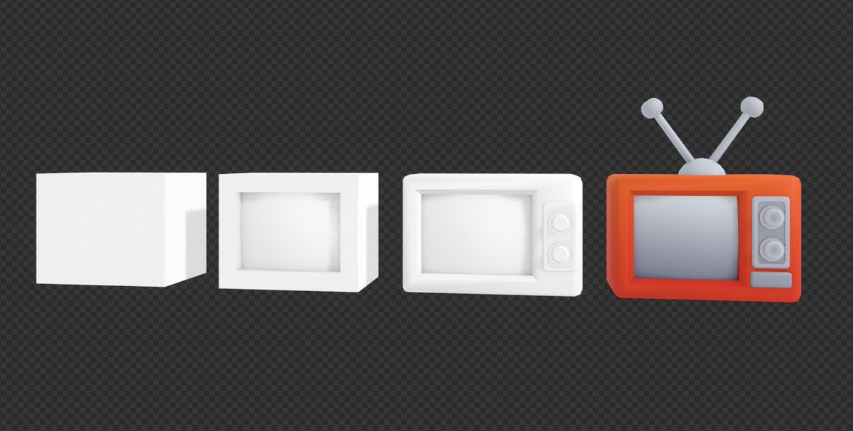 IsaLousberg's tweet image. How to make a retro TV in Blender in 4 simple steps:
1. Add a cube and adjust the proportions
2. Inset the front to create a screen
3. Bevel the edges and add some big buttons
4. Forget to finish the rest of the WIP shots and just trust the process 😅
#blender3d #gamedev
