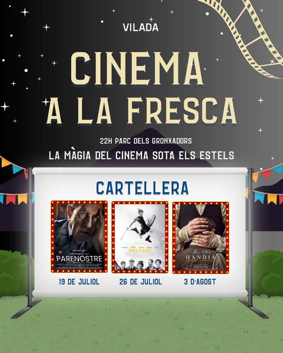 AjVilada's tweet image. Aquest estiu ⛱️ gaudeix de la màgia del cinema sota els estels ✨.
📍 Parc dels Gronxadors - #Vilada
🕙 22h
🍿🍿🍿
19 de juliol - Paranostre
26 de juliol - Belfast
3 d’agost - Handia
9 d’agost - Mr Peabody & Sheerman
16 d’agost - Free Guy
#visitvilada #elberguedà #cinema
