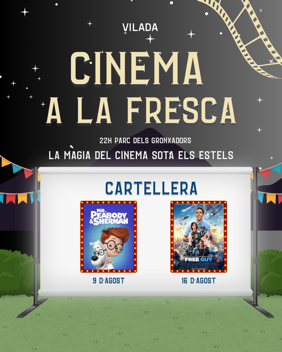 AjVilada's tweet image. Aquest estiu ⛱️ gaudeix de la màgia del cinema sota els estels ✨.
📍 Parc dels Gronxadors - #Vilada
🕙 22h
🍿🍿🍿
19 de juliol - Paranostre
26 de juliol - Belfast
3 d’agost - Handia
9 d’agost - Mr Peabody & Sheerman
16 d’agost - Free Guy
#visitvilada #elberguedà #cinema