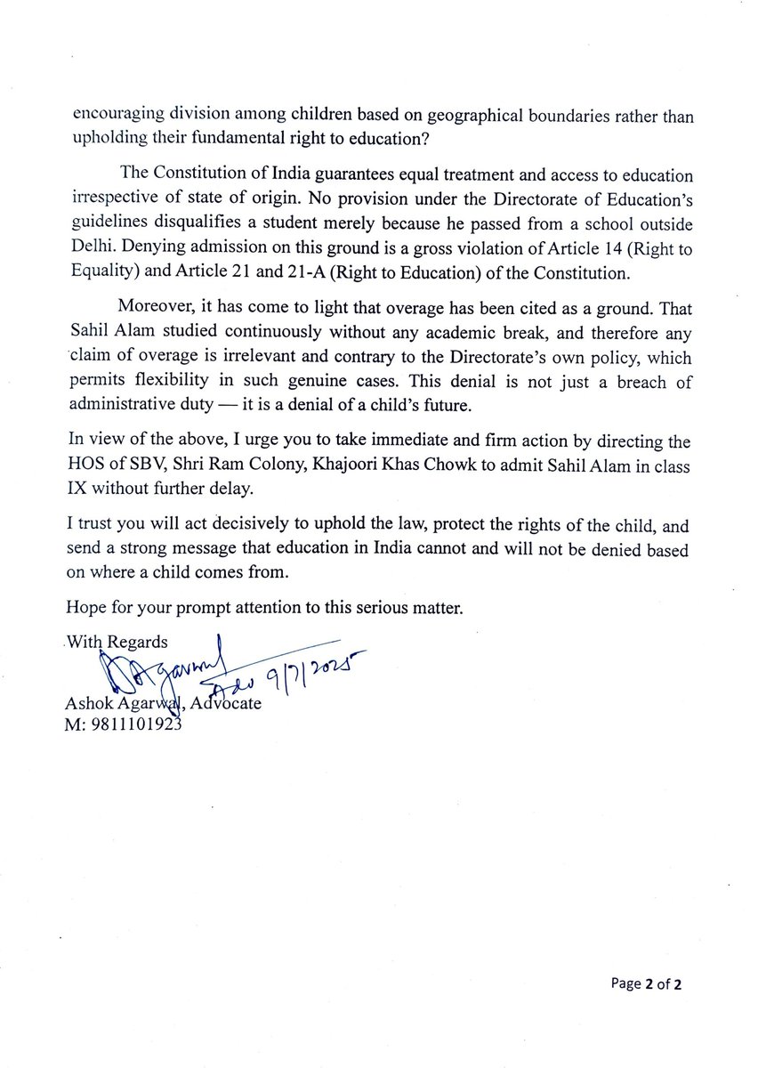 Illegal and Discriminatory Denial of Admission to Student Sahil Alam (M- 8851765470) by SBV, Shri Ram Colony, Khajoori Khas Chowk (School ID: 1104492) despite valid allotment under Non-Plan Admission. Please help this student., ashok agarwal writes to Delhi Education Secretary