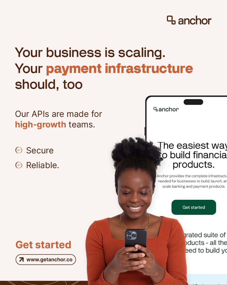 Anchor (YC S22) (@buildwithanchor) on Twitter photo Scaling your product is hard enough; your payment infrastructure shouldn’t be.
At Anchor, we’re helping high-growth teams go live, move money reliably, and build with confidence.
If you’re building financial products or embedded finance experiences, we’d love to support you. Scaling your product is hard enough; your payment infrastructure shouldn’t be.
At Anchor, we’re helping high-growth teams go live, move money reliably, and build with confidence.
If you’re building financial products or embedded finance experiences, we’d love to support you.