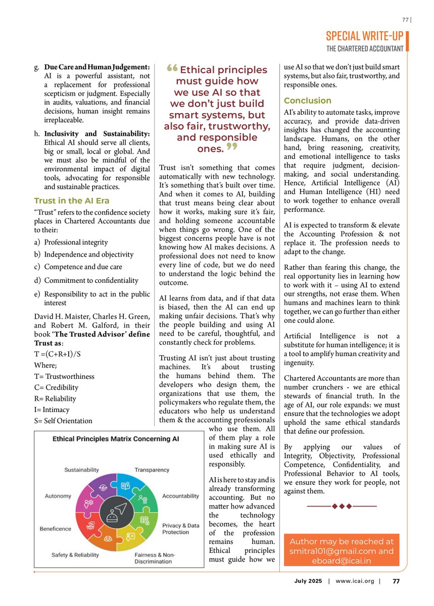 The July, Special Edition of ‘The Chartered Accountant’ carried my write-up on ‘Navigating Ethics and Trust in the Age of AI’.

Hope you find the same Relevant.

resource.cdn.icai.org/86730cajournal…