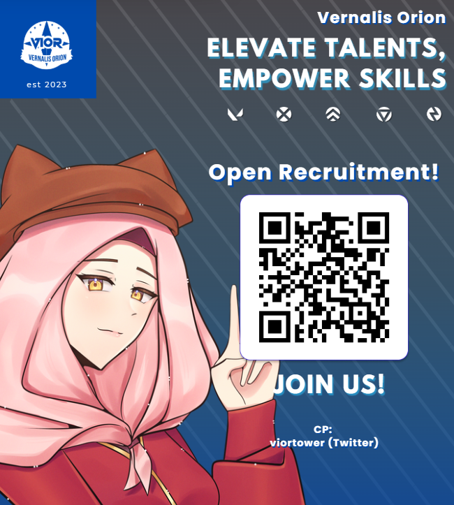 🔥 Open Recruitment VIOR Tower! 🔥  

VIOR Tower membuka pendaftaran untuk kalian yang tertarik berkembang bersama dalam VALORANT!  

Bergabunglah dengan komunitas kami dan kembangkan potensimu! 🚀

🔗: forms.gle/HwjkaG2jTZivmz…