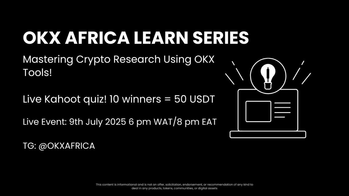 📢Live Learn Session Tonight: Mastering Crypto Research with OKX Tools

Learn how to analyze tokens, read market data, and avoid hype using OKX’s built-in research features.

Time: 6PM WAT | 8PM EAT
Venue: OKX Africa Telegram
Top 10 in the Kahoot quiz will share 50 USDT
Tag a