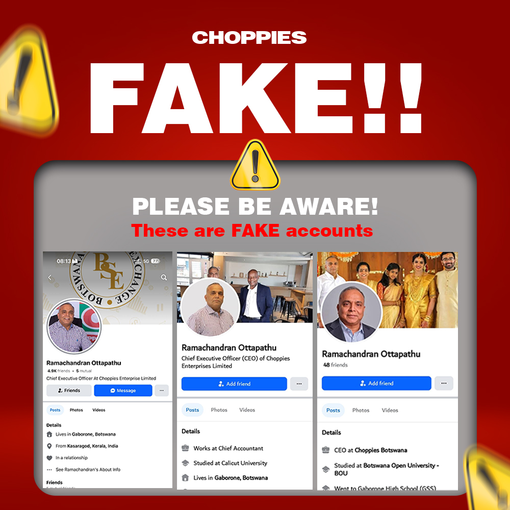 Several fake profiles are impersonating our CEO, Mr. Ramachandran Ottapathu.
These are NOT official Choppies accounts.
🛑 Do NOT engage
🕵️‍♂️ Report them
✅ Stay safe online
#Choppies #ScamAlert #FakeProfiles #OnlineSafety #CyberAwareness