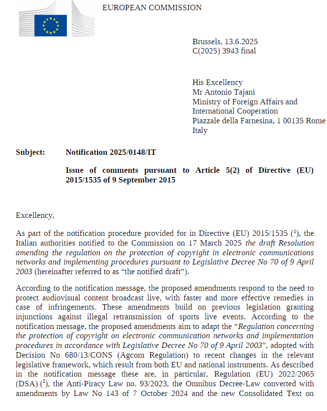 E quindi su #PiracyShield le criticità che ho sollevato erano tanto fondate da divenire oggetto di una lettera della UE al Ministro degli Esteri, che mette in dubbio la conformità della procedura al #DSA. Serve più tutela per #mercato e #utenti 👉 bit.ly/4eHnNQb