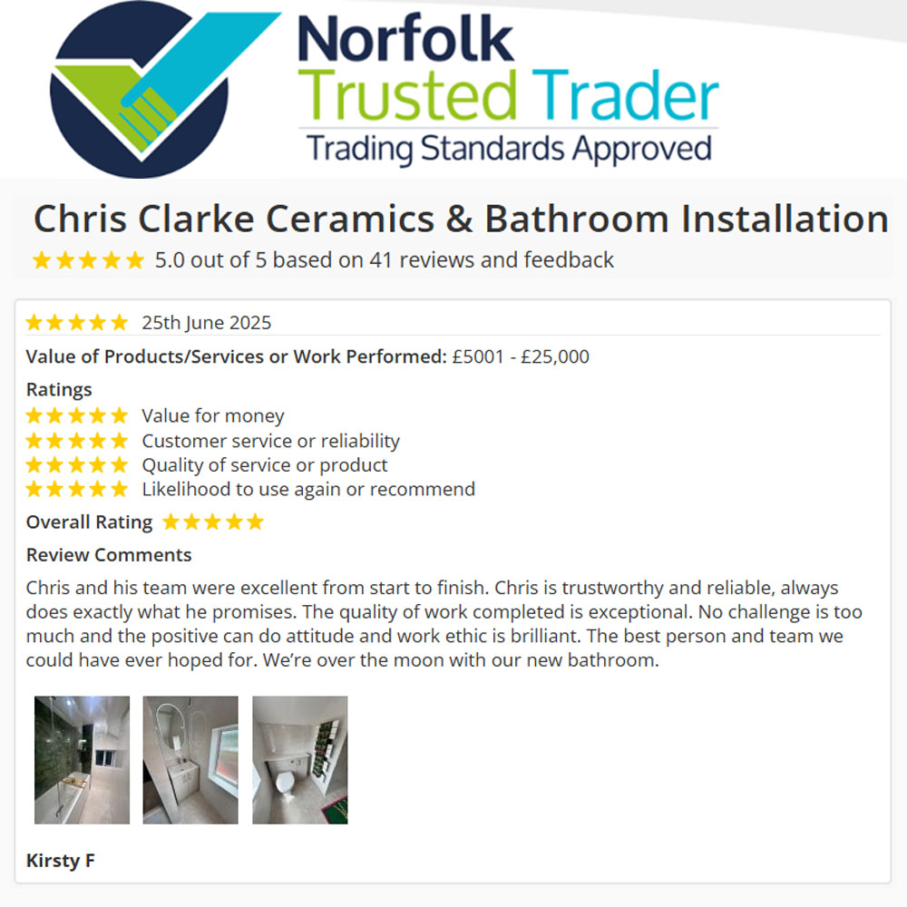 VettedTraders's tweet image. "quality of work completed is exceptional...We’re over the moon with our new bathroom" another satisfied customer for Norfolk Trusted Trader Chris Clarke Ceramics & Bathroom Installation 👏
trustedtrader.team/Norfolk/Chris-…
#Norfolk #TrustedTrader #TradingStandards #Approved @NorfolkCCTS