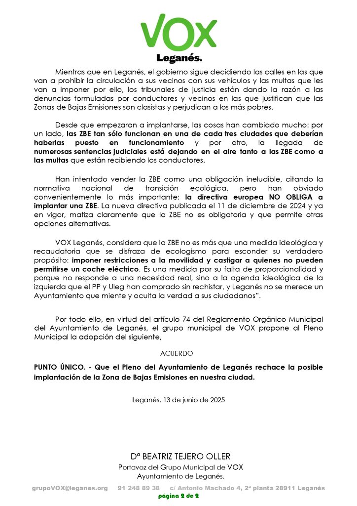 VOX Leganés (@vox_leganes) on Twitter photo 1️⃣ MOCIÓN para rechazar la posible implantación de la ZONA DE BAJAS EMISIONES (ZBE) en #Leganés por ser una medida ideológica con afán recaudatorio que impone restricciones a la movilidad y castiga a quienes no pueden permitirse un coche eléctrico
#PorUnaEspañaNuevaYDecente💪🇪🇦 1️⃣ MOCIÓN para rechazar la posible implantación de la ZONA DE BAJAS EMISIONES (ZBE) en #Leganés por ser una medida ideológica con afán recaudatorio que impone restricciones a la movilidad y castiga a quienes no pueden permitirse un coche eléctrico
#PorUnaEspañaNuevaYDecente💪🇪🇦