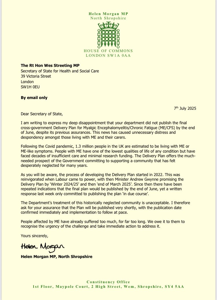 tessamunt's tweet image. June 30 + 9……still no ME Delivery Plan.
Very grateful to @HelenMorganMP LibDem Health Spokesperson for writing to @wesstreeting asking that the Plan be published very soon.
We owe it to #pwME to recognise the urgency of the challenge and take immediate action to address it.