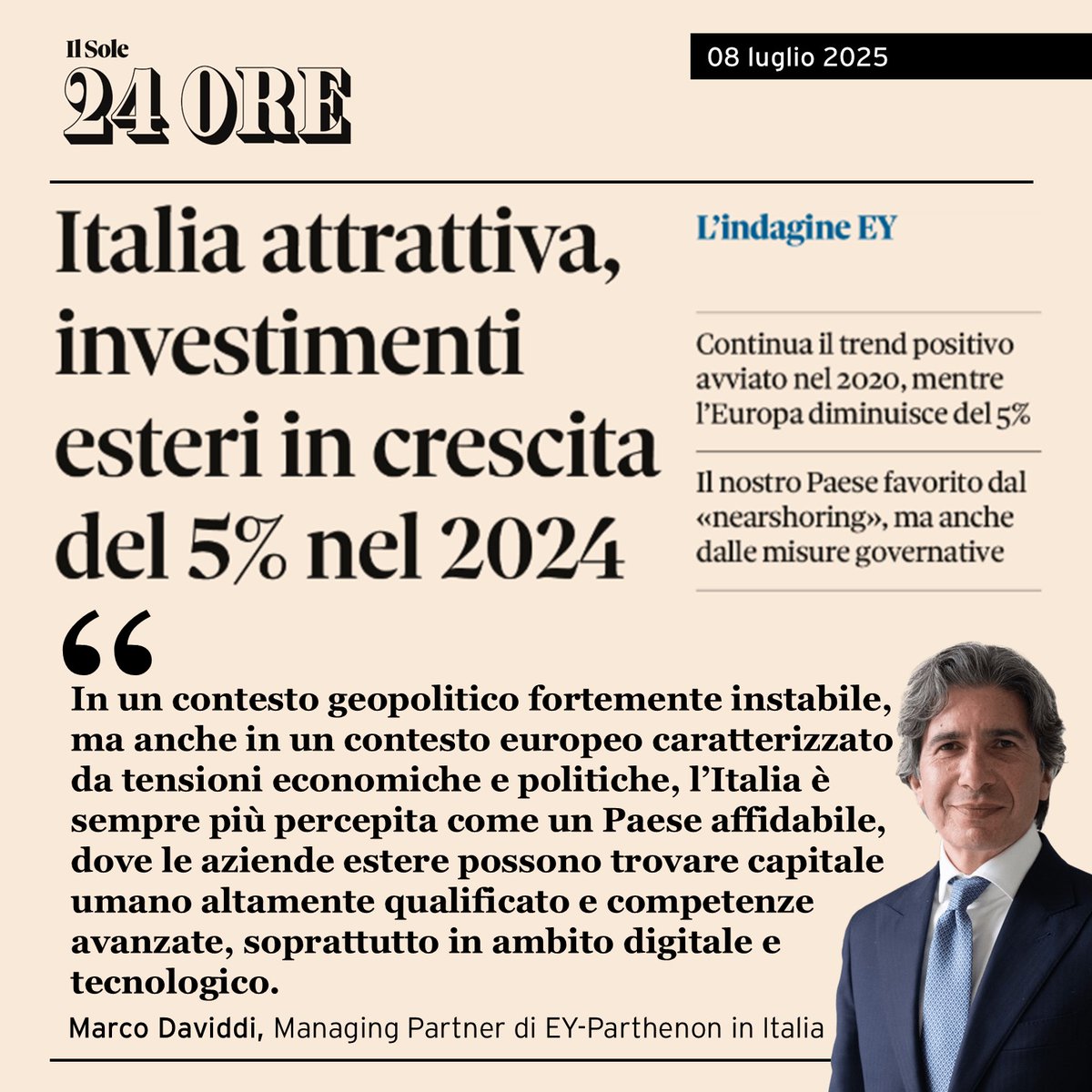 Sul <a href="/sole24ore/">IlSole24ORE</a>, i dati dell'EY Attractiveness Survey Italy con il commento di Marco Daviddi, Managing Partner EY-Parthenon in Italia.

Per saperne di più ➡️ow.ly/7Guu50WmOnf