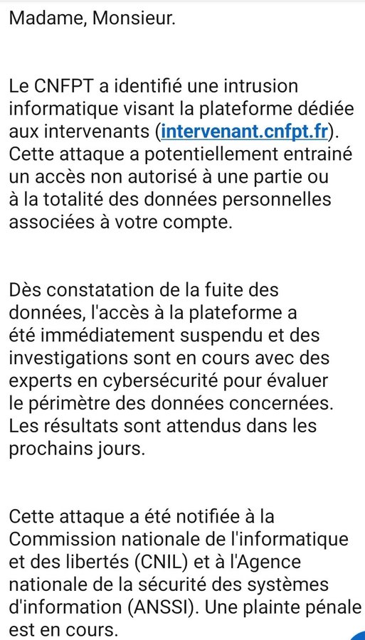 🚨Cyber Attack Alert‼️

🇫🇷France - CNFPT (Centre National de la Fonction Publique Territoriale)

The CNFPT (Centre National de la Fonction Publique Territoriale) in France has suffered a cyberattack targeting its platform for external contributors (intervenant[.cnfpt[.fr). 

The
