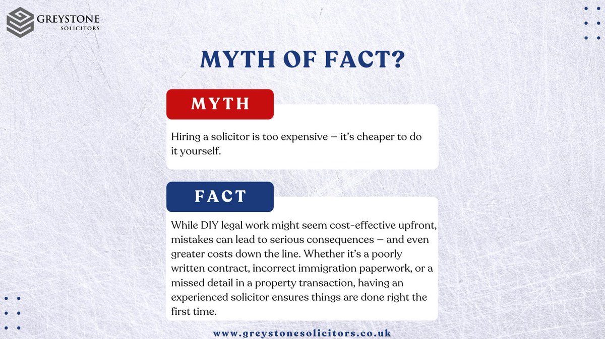 Myth Busting Wednesday

Poor contracts, visa errors, or property mistakes can cost you. An expert solicitor gets it right the first time.

At Greystone, we offer clear advice &amp; transparent pricing, no guesswork.

#LegalAdvice #GreystoneSolicitors #UKLaw #KnowYourRights