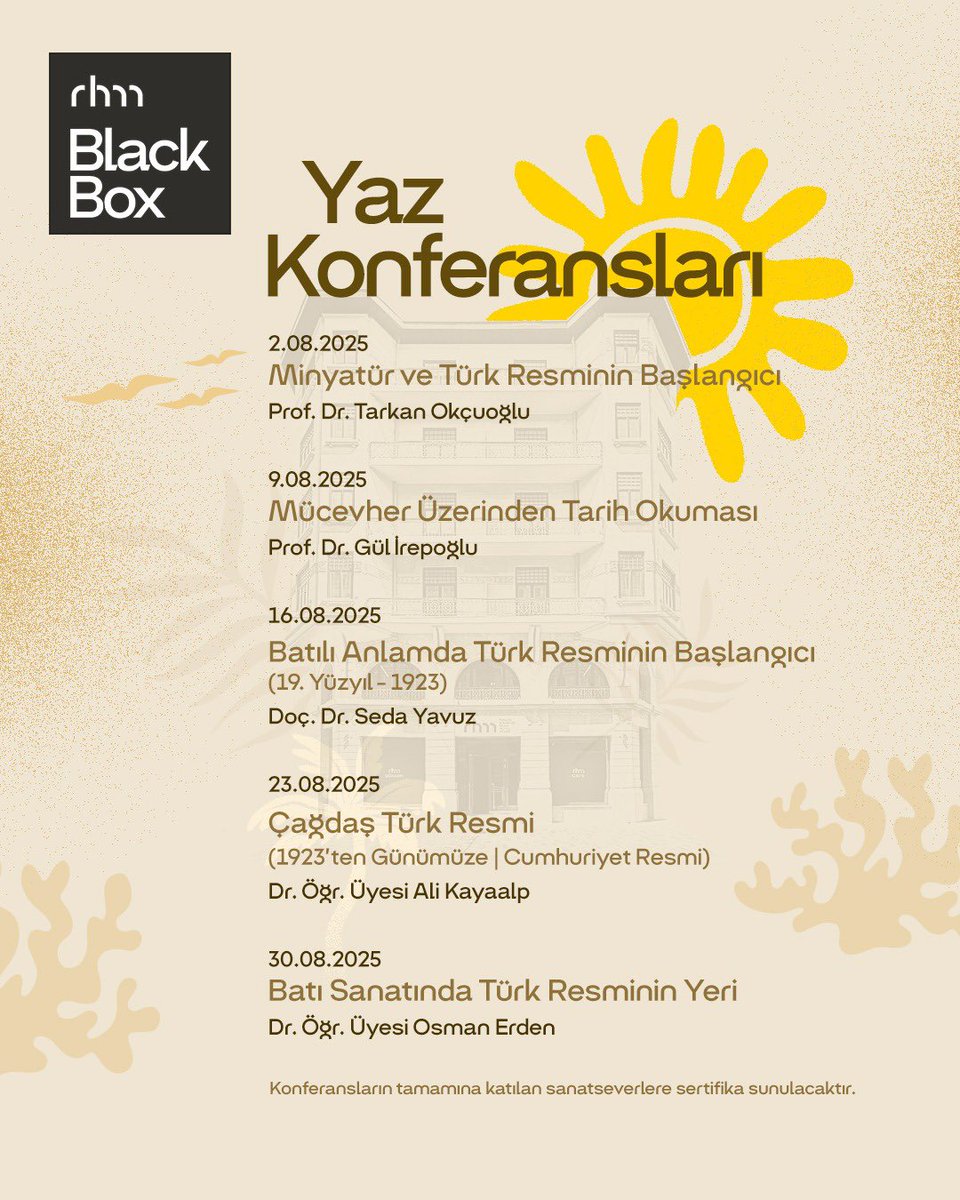 Türkiye İş Bankası Resim Heykel Müzesi'nde yaz konferansları başlıyor. ☀️✨🎨📚

Ağustos ayı boyunca BlackBox’ta düzenlenecek yaz konferansları, Türk resim sanatının köklerinden günümüze uzanan zengin bir içerik sunuyor. 

Konferanslara programınızın elverdiği ölçüde tek tek