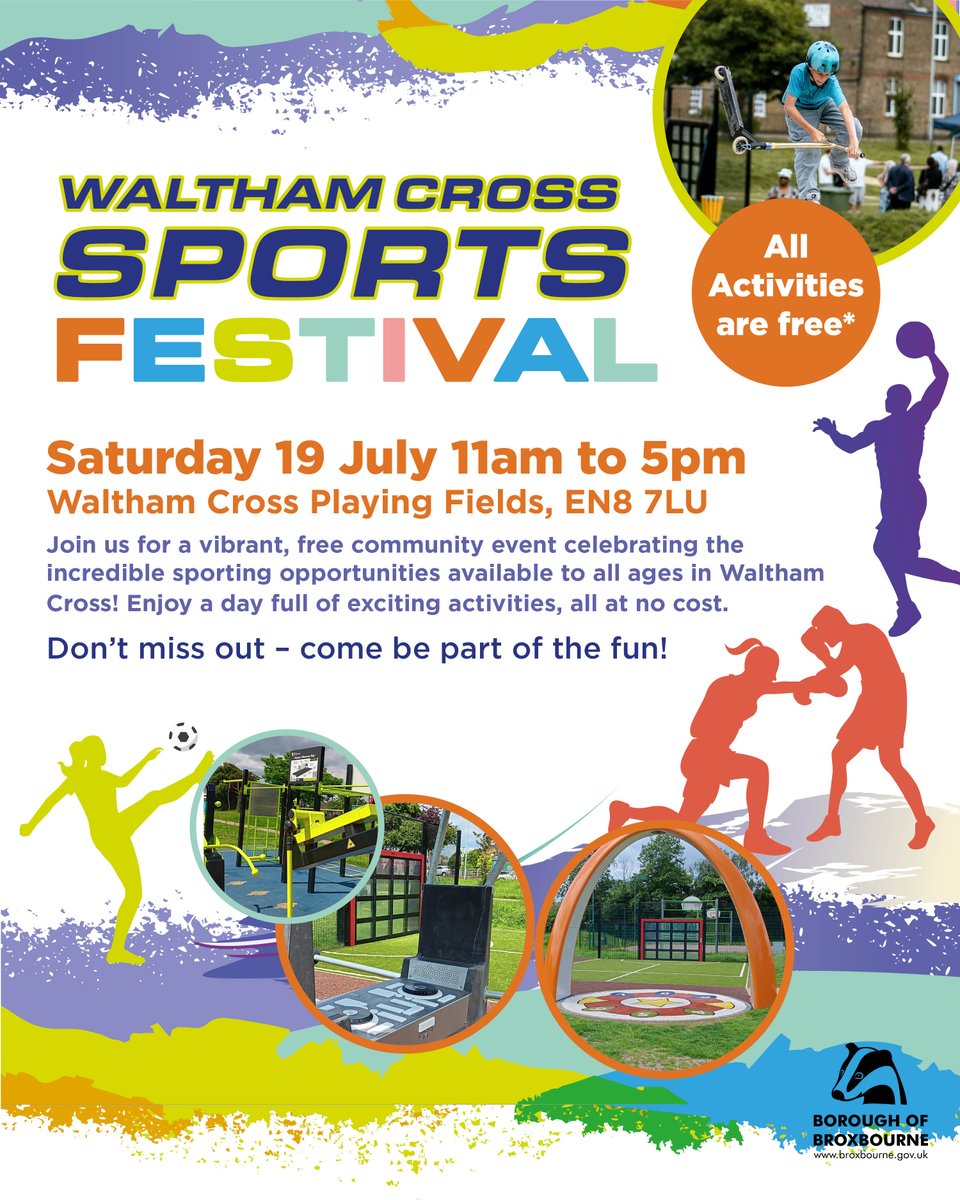 Waltham Cross Sports Festival 🥊🏀⚽

Join us for a vibrant, free community event celebrating the incredible sporting opportunities available to all ages in Waltham Cross!

📅 Saturday 19 July from 11am to 5pm
📍 Waltham Cross Playing Fields