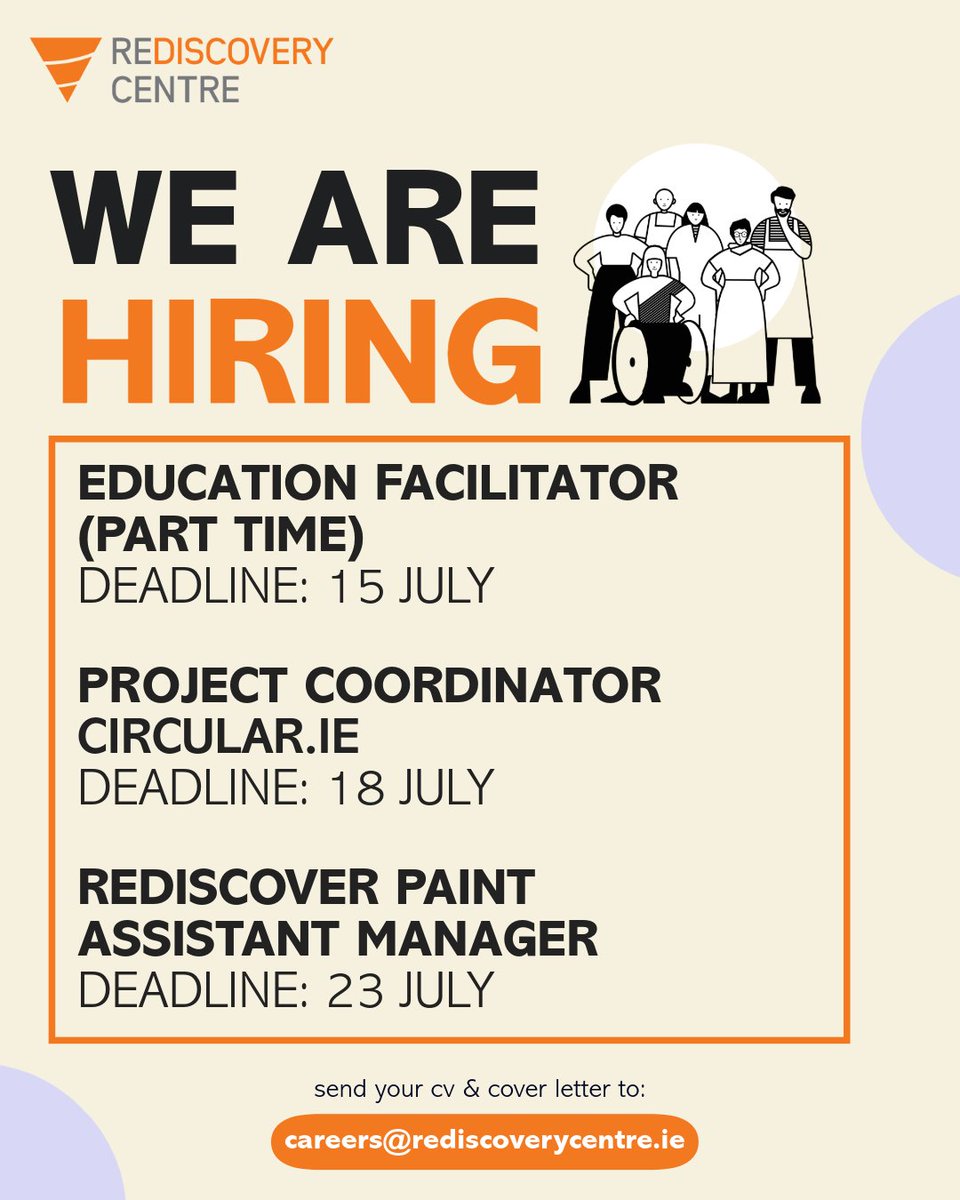 RediscoveryCtr's tweet image. Join the Team!

Current openings:
Education Facilitator (part time)
Deadline: 15 July

Project Coordinator (Circular.ie)
Deadline: 18 July

Rediscover Paint Assistant Manager
Deadline: 23 July

Learn more and apply: ow.ly/J6gP50WjbkG