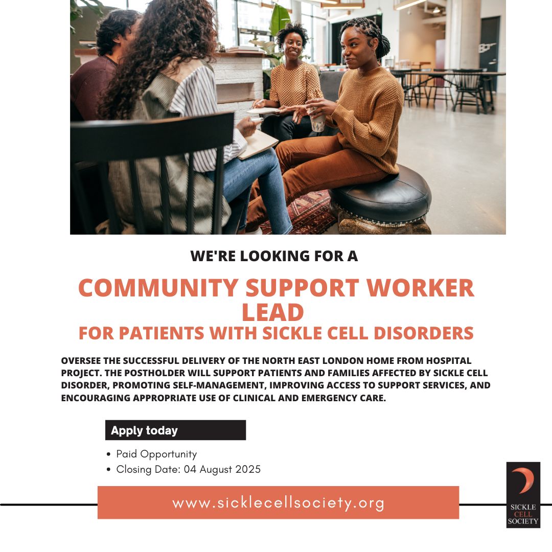 SickleCellUK's tweet image. 📢 Join us as a Community Support Worker Lead in North East London for the Sickle Cell Society's Home from Hospital project. Apply by 4 August 2025. 🔗 More info & application: buff.ly/ezpj7Cm #SickleCell #NowHiring #NEL #SupportWorker #CommunityHealth #SickleCellSociety