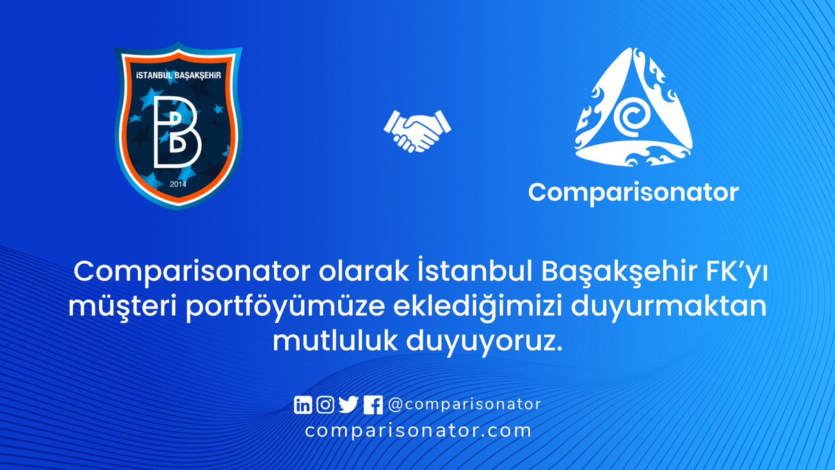 Comparisonator Futbol Data Karşılaştırma Platformu olarak Süper Lig ekiplerinden İstanbul Başakşehir FK'yı müşteri portföyümüze eklediğimizi duyurmaktan mutluluk duyuyoruz. 🥳