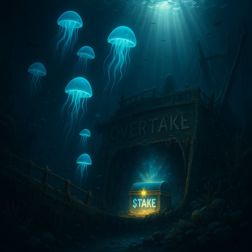 Sami0xB's tweet photo. The jellyfish have found the @overtake_world's ship. And there's a treasure. A glowing $TAKE treasure.

Now they’re gathering around, ready to $TAKE it.

But what will they do with it?

Let me tell you.

$TAKE isn’t just any token. It’s the fuel that powers the @overtake_world Marketplace.

From staking to unlock premium features, reducing fees, to even enabling buyer protection.

$TAKE is at the core of it all.

And here’s the best part: -
$TAKE runs on real utility. As activity on the marketplace grows, so does the value of $TAKE.

No hype. No pump-and-dump. No empty promises. Just a solid foundation, long-term use.

Check my quote tweet for a funny meme.