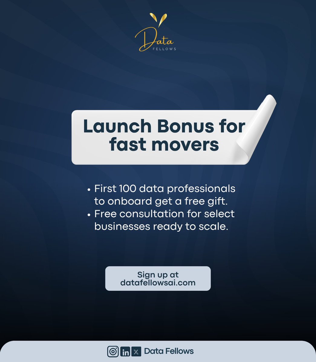 DatafellowsInfo's tweet image. We’ve got something for our early users:
First 100 data professionals = Free gift
Select business owners = Free consultation

Let’s match you to the right opportunities — fast.
Sign up now 👉 datafellowsai.com

--
#BizPilot #DataFellows #TechNigeria #PublicAI
