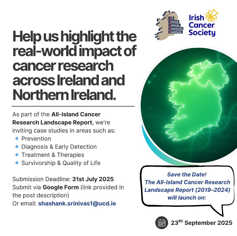 All-Island Cancer Research Institute (AICRI) (@alcriproject) on Twitter photo Call for Impact Case Studies 🔊
With the support of the <a href="/IrishCancerSoc/">Irish Cancer Society</a> we are preparing to launch the All-Island Cancer Research Landscape Report (2019–2024) this September.
As part of the report, we are inviting short impact case studies to showcase the real-world value of Call for Impact Case Studies 🔊
With the support of the <a href="/IrishCancerSoc/">Irish Cancer Society</a> we are preparing to launch the All-Island Cancer Research Landscape Report (2019–2024) this September.
As part of the report, we are inviting short impact case studies to showcase the real-world value of