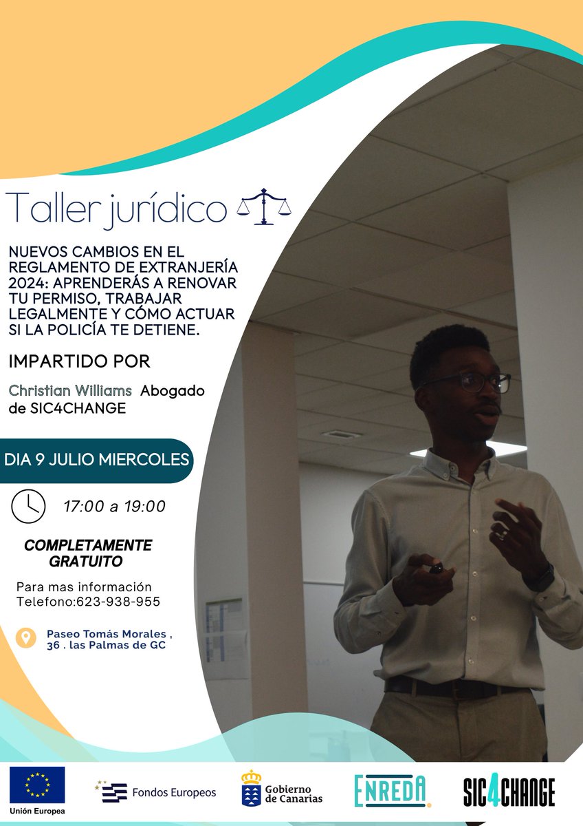 📢Compartimos el cartel del taller jurídico de <a href="/sic4change/">SIC4Change</a> de esta tarde para personas migrantes
⚖️Abordará los cambios en el Reglamento de Extranjería 2024
👨🏿‍⚖️Lo imparte el abogado Christian Williams
⌚️De 17 a 19h
📍SIC4Change C/Tomás Morales, 36, Las Palmas de GC
Charla gratuita