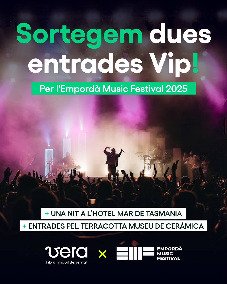 Vera (@somvera_cat) on Twitter photo 💥SORTEIG💥
Viu l'Empordà Music Festival de la millor manera:
🎟️ 2 entrades VIP pel festival <a href="/empordamusicf/">empordamusicfestival</a>
🏨Una nit a l'hotel Mar de Tasmania per a 2 persones
🏺 Entrades pel Terracotta museu de ceràmica
Tot, per un sol guanyador!
Participa Ja aquí 👉 💥SORTEIG💥
Viu l'Empordà Music Festival de la millor manera:
🎟️ 2 entrades VIP pel festival <a href="/empordamusicf/">empordamusicfestival</a>
🏨Una nit a l'hotel Mar de Tasmania per a 2 persones
🏺 Entrades pel Terracotta museu de ceràmica
Tot, per un sol guanyador!
Participa Ja aquí 👉