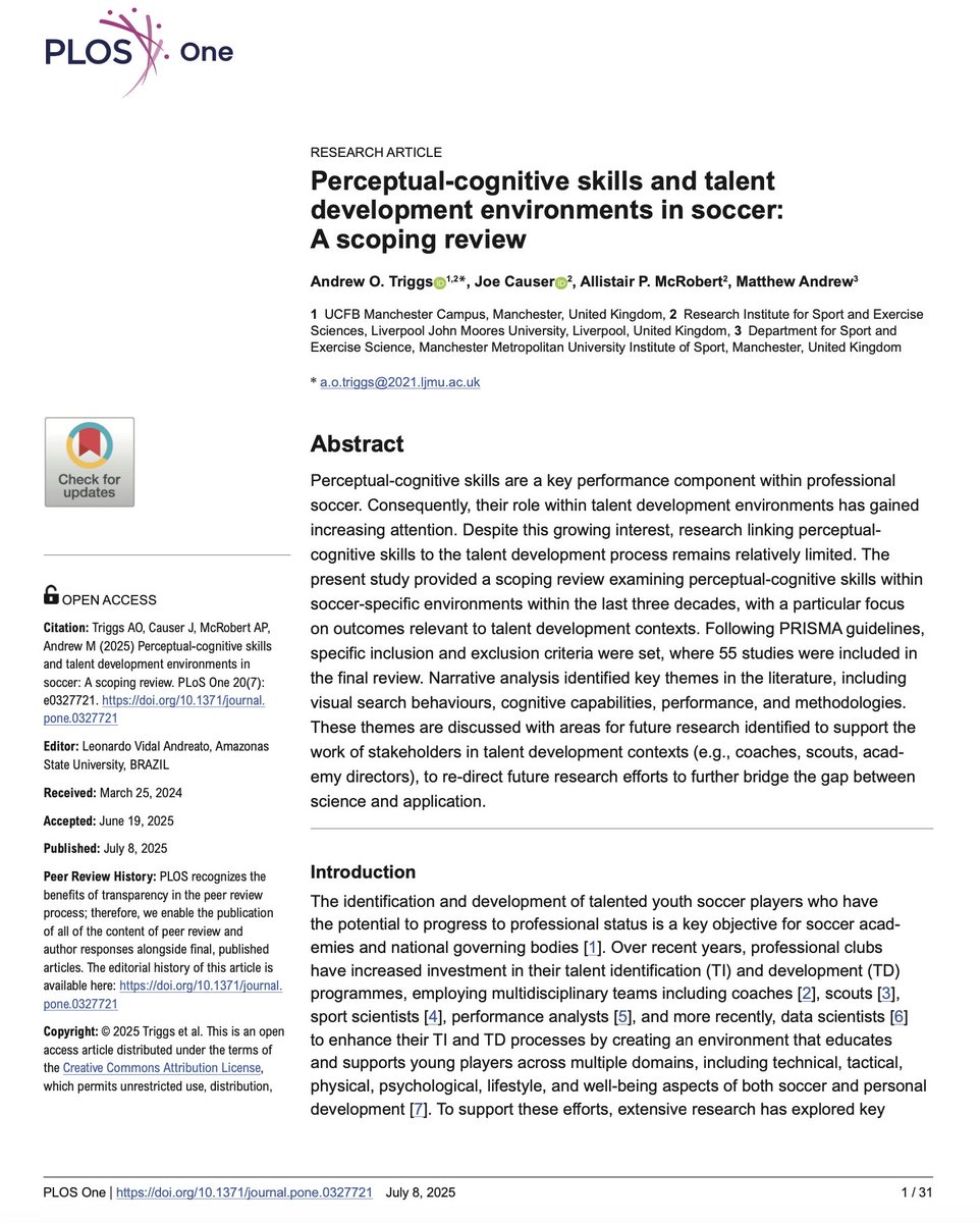 Matthew Andrew (@matthewandrew23) on Twitter photo “Perceptual-Cognitive Skills and Talent Development Environments in Soccer: A Scoping Review”
Delighted to have this published in PLOSONE Congratulations to Andrew Triggs on the first publication from your PhD. Big thanks to Joe Causer and <a href="/allistair1980/">Allistair McRobert</a>. “Perceptual-Cognitive Skills and Talent Development Environments in Soccer: A Scoping Review”
Delighted to have this published in PLOSONE Congratulations to Andrew Triggs on the first publication from your PhD. Big thanks to Joe Causer and <a href="/allistair1980/">Allistair McRobert</a>.