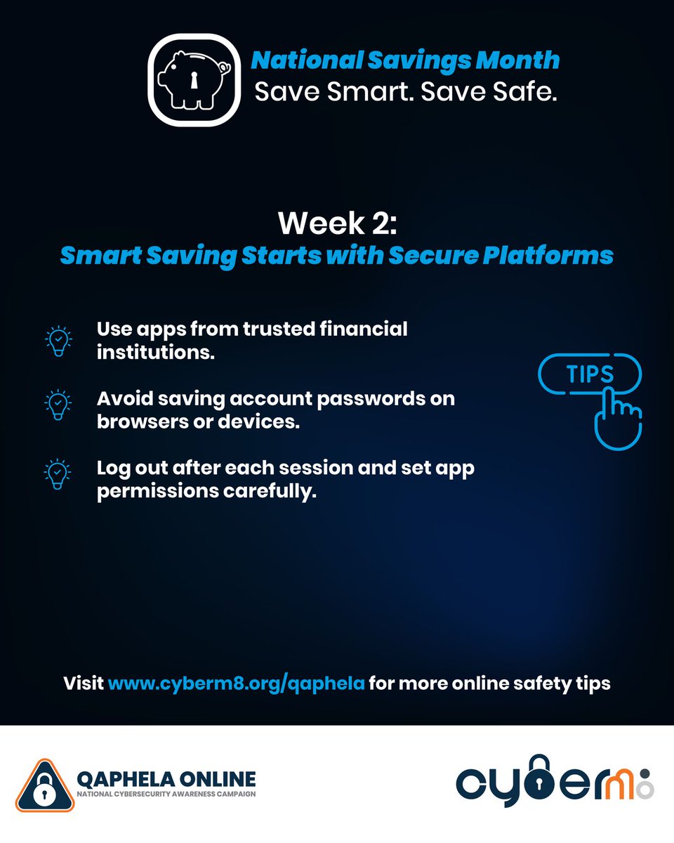 OurCyberM8's tweet image. 𝗪𝗲𝗲𝗸 𝟮: 𝗟𝗲𝘁’𝘀 𝗧𝗮𝗹𝗸 𝗗𝗶𝗴𝗶𝘁𝗮𝗹 𝗣𝗼𝘄𝗲𝗿 𝗠𝗼𝘃𝗲𝘀!
Saving money is smart, but saving it on secure platforms? That’s next level.
In a world full of apps, fake links, and sneaky pop-ups, real power is knowing how to move right online.
