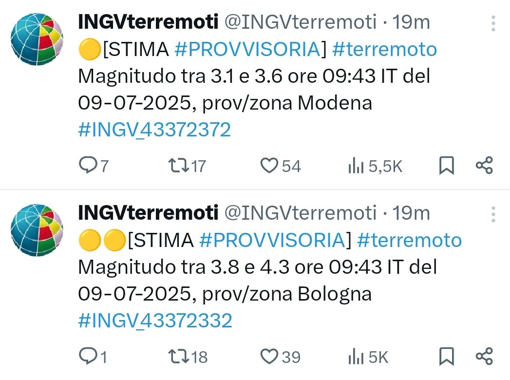 In attese di conferme da <a href="/INGVterremoti/">INGVterremoti</a> , due scosse ravvicinate nello stesso minuto da due epicentri diversi, tra Bologna e Modena. A Cento (FE) avvertite distintamente entrambe. #Terremoto #INGV #INGVterremoti