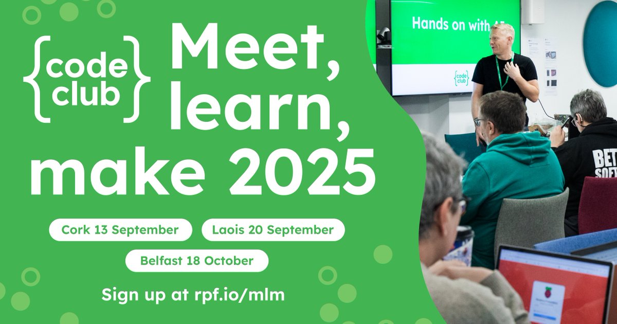 CodeClub's tweet image. Join us in Cork, Laois or Belfast for half-day meetups this autumn. Whether you're brand new or a long-time volunteer with Code Club (including CoderDojo).
👉 codeclub.org/en/meet-learn-…