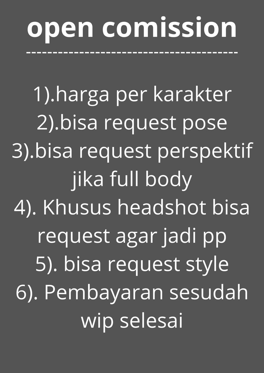 buka art comission yang mau harap di baca benar benar, pembayaran only dana untuk saat ini, info lebih lanjut bisa chat langsung akun ini, atau ig, atau nomor hp yang sudah tertera
No hp : 083826574862
Ig : @naps_ketoprak