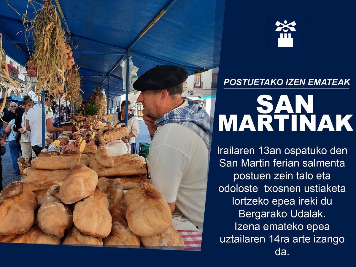 🍵 Irailaren 13an ospatuko den San Martin ferian salmenta postuen zein talo eta odoloste  txosnen ustiaketa lortzeko epea ireki du Bergarako Udalak.

👉 Izena emateko epea uztailaren 14ra arte izango da.

🔗 bergara.eus/eu/node/20817

#Bergara #IzanBiziEkin