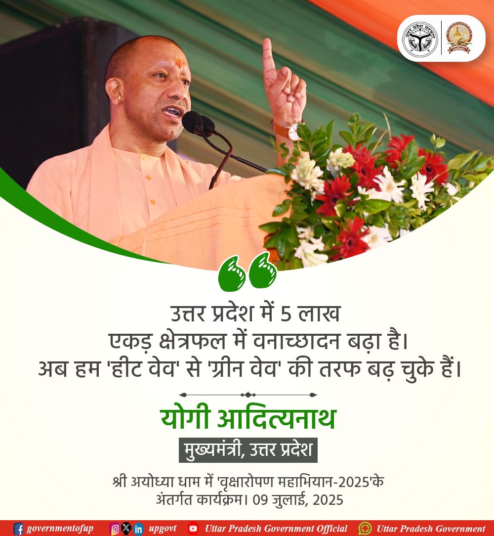 UPGovt's tweet photo. उत्तर प्रदेश में 5 लाख एकड़ क्षेत्रफल में वनाच्छादन बढ़ा है। अब हम 'हीट वेव' से 'ग्रीन वेव' की तरफ बढ़ चुके हैं: #UPCM श्री @myogiadityanath जी

#EkPedMaaKeNaam I #एक_पेड़_मां_के_नाम https://t.co/KZAd6kEN6A